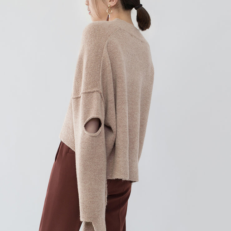 boutique khaki cozy sweater plus size V neck knitted tops fine asymmetrical design top