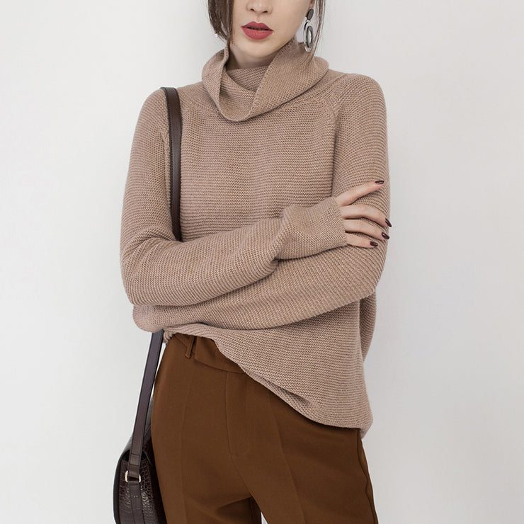 Boutique-Khaki-Strickpullover Plus-Size-Pullover mit hohem Hals Feines Baggy-Top