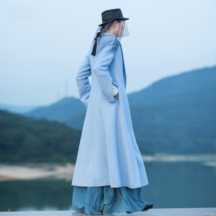 boutique light blue Woolen Coat Women Loose fitting long coat open long sleeve embroidery coats