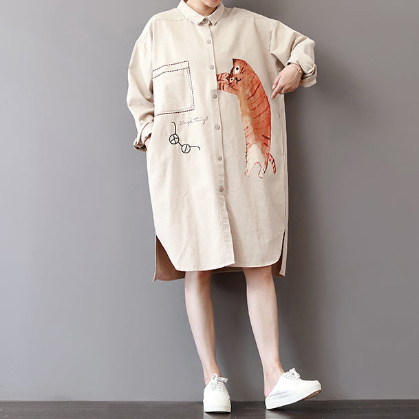 Boutique leichtes khakifarbenes Etuikleid aus Baumwolle Locker sitzende Urlaubskleider Feines, seitlich offenes Hemdkleid