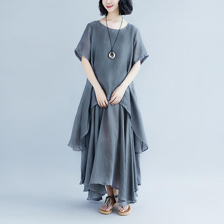 boutique linen dresses oversize Casual Short Sleeve Gray Pockets Fake Two-piece Dress