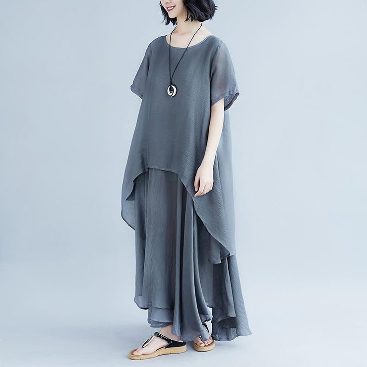 boutique linen dresses oversize Casual Short Sleeve Gray Pockets Fake Two-piece Dress