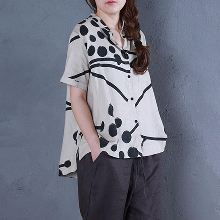 boutique linen summer top casual Stand Collar Printed Single Breasted Beige Blouse