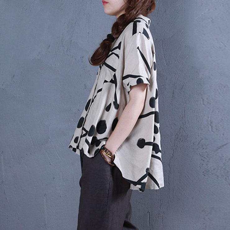 boutique linen summer top casual Stand Collar Printed Single Breasted Beige Blouse