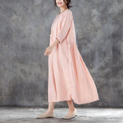 boutique linen sundress oversized Linen Round Neck Three Quarter Sleeve Pink Pleated Dress