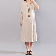 Boutique langes Leinenkleid, stilvolles Rundhals-Kurzarm-Flachskleid in reiner Farbe