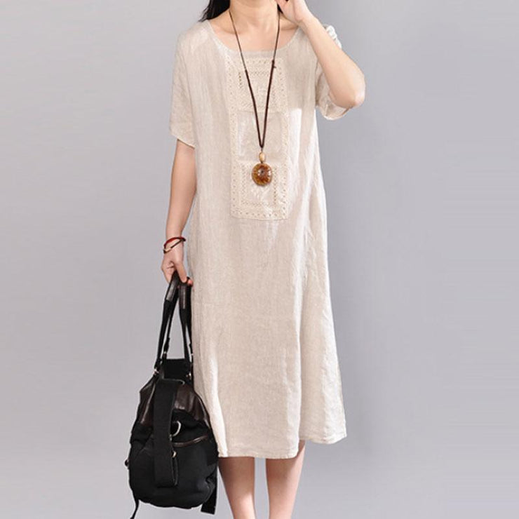 boutique long linen dress stylish Round Neck Short Sleeve Pure Color Flax Dress