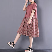 boutique natural cotton dress plus size clothing Short Sleeve Plaid Summer Round Neck Dress