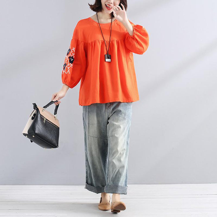 boutique natural linen t shirt Loose fitting Embroidered Women Loose Linen Casual Lacing Folded Orange Shirt