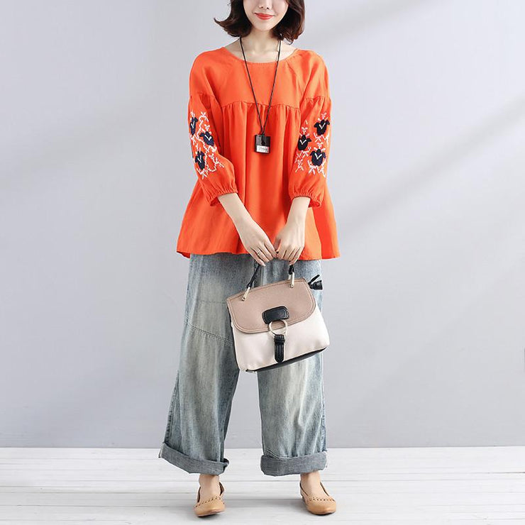 boutique natural linen t shirt Loose fitting Embroidered Women Loose Linen Casual Lacing Folded Orange Shirt