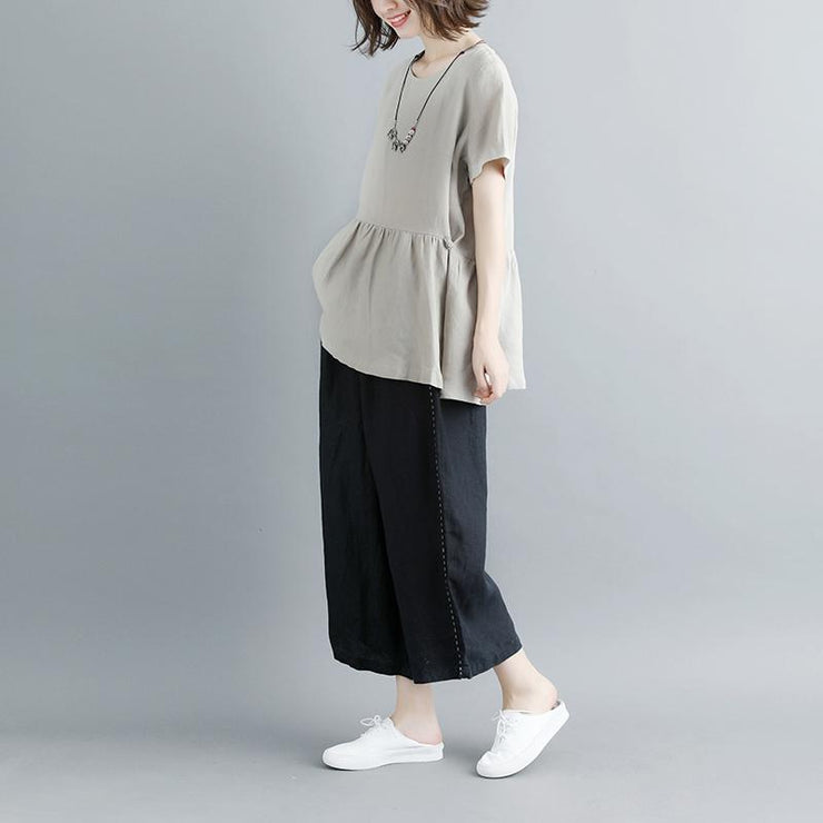 boutique natural linen t shirt casual Pleated Summer Short Sleeve Round Neck Casual Tops