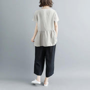 boutique natural linen t shirt casual Pleated Summer Short Sleeve Round Neck Casual Tops