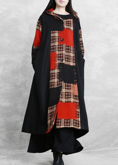 boutique oversized long jackets coat black plaid hooded patchwork woolen overcoat - SooLinen