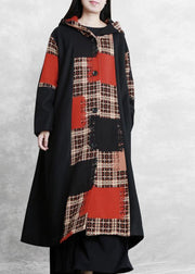boutique oversized long jackets coat black plaid hooded patchwork woolen overcoat - SooLinen