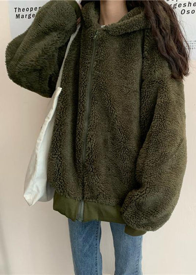 boutique oversized medium length coat winter outwear green hooded Wool jackets - SooLinen