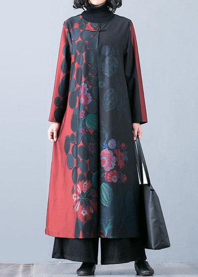 boutique oversized red maxi coat fall trench coats prints o neck Chinese Button outwear - SooLinen