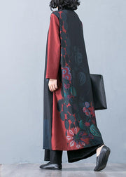 boutique oversized red maxi coat fall trench coats prints o neck Chinese Button outwear - SooLinen