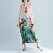 Boutique rosa Blumen-Baumwollkleider lässiges ärmelloses Maxikleid aus Baumwolle Vintage seitlich offene Baumwollkleidung