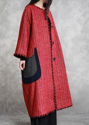 boutique plus size Jackets & Coats outwear red striped o neck pockets woolen outwear - SooLinen