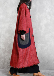 boutique plus size Jackets & Coats outwear red striped o neck pockets woolen outwear - SooLinen