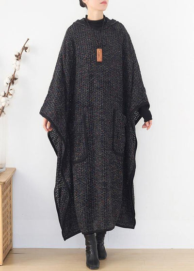 boutique plus size clothing long winter coat women black hooded large hem Woolen Coats - SooLinen