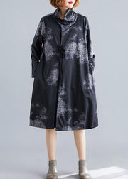 boutique plus size coat fall black Turtleneck pockets coat - SooLinen