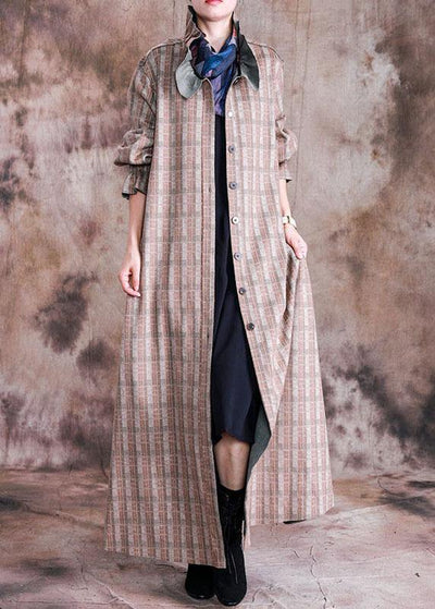 boutique plus size long coat fall woolen outwear khaki plaid Cinched wool coat for woman - SooLinen