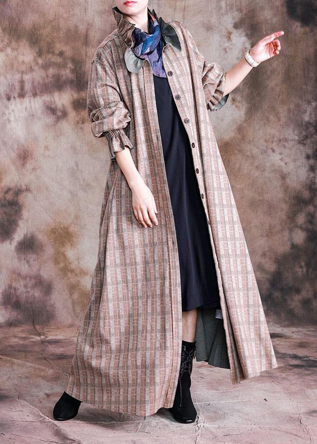 boutique plus size long coat fall woolen outwear khaki plaid Cinched wool coat for woman - SooLinen