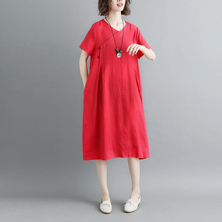 boutique pure linen dresses plus size Retro Summer Short Sleeve Red Pockets Pleated Dress