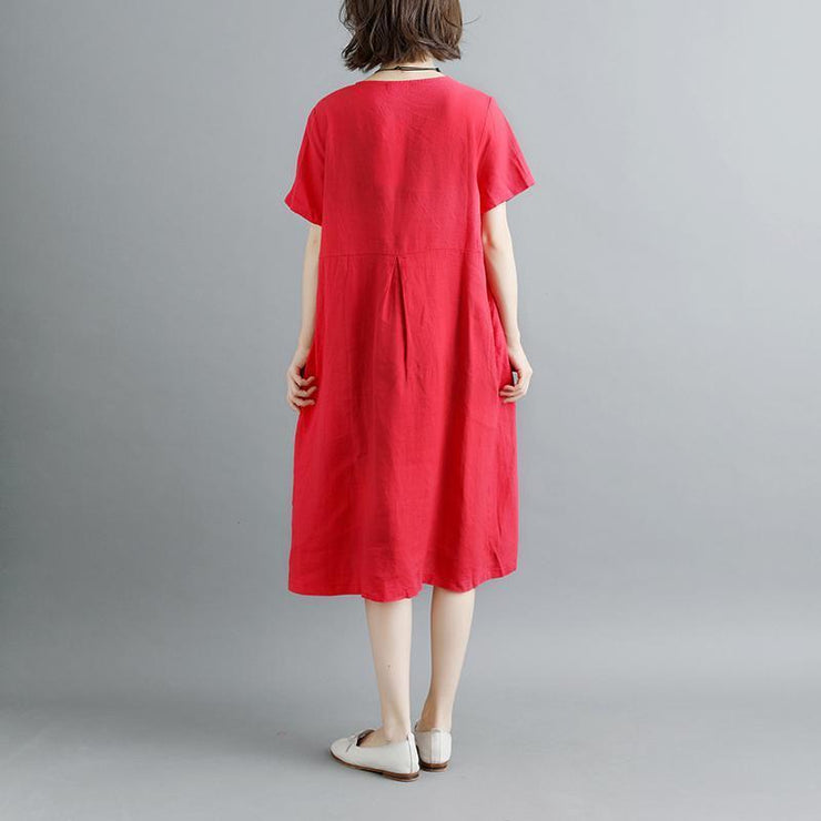boutique pure linen dresses plus size Retro Summer Short Sleeve Red Pockets Pleated Dress