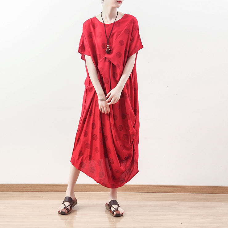 boutique red dotted natural linen dress oversized draping traveling clothing casual o neck maxi dresses
