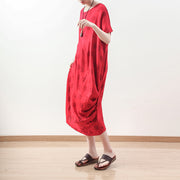 Boutique-Kleid aus rotem, gepunktetem Naturleinen, übergroß, drapiert, Reisekleidung, lässige Maxikleider mit O-Ausschnitt
