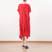 Boutique-Kleid aus rotem, gepunktetem Naturleinen, übergroß, drapiert, Reisekleidung, lässige Maxikleider mit O-Ausschnitt