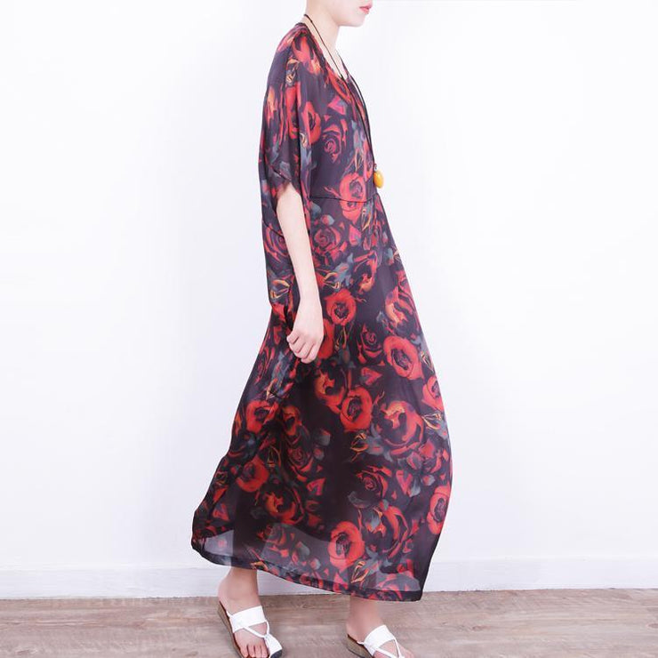 boutique red floral silk dress oversize patchwork traveling clothing New o neck chiffon gown