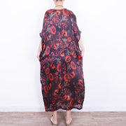 boutique red floral silk dress oversize patchwork traveling clothing New o neck chiffon gown