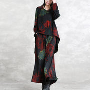 Boutique Red Green Print Midi-length Cotton Blended Two Pieces Oversize Clothing Tops Women Long Sleeve Baggy O Neck Asymmetric Tops And Vintage Baggy Pants
