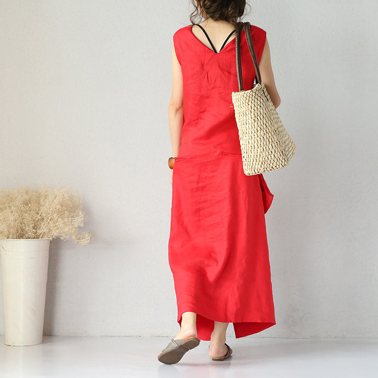 Boutique-rote Seiden-Leinen-Kleider übergroße asymmetrische Seiden-Leinen-Kleidung Kleid feine Tei-Taille Maxikleider