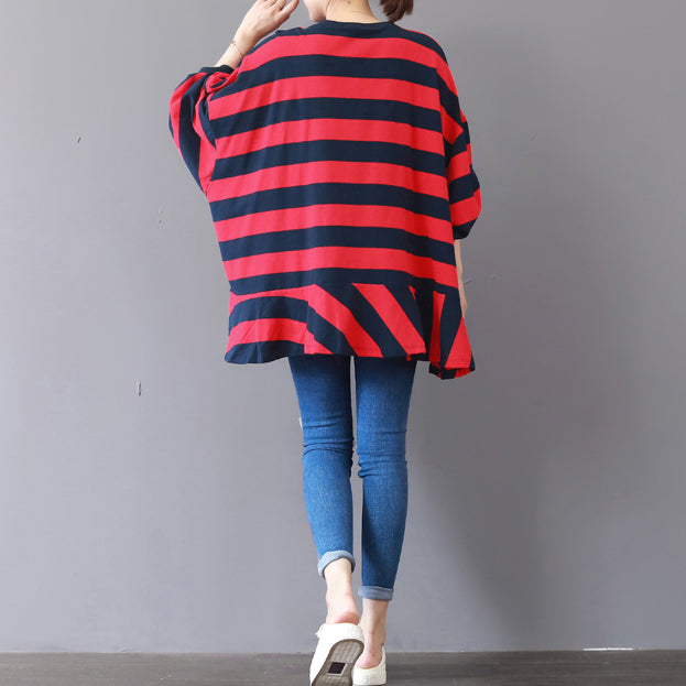 boutique red striped natural cotton t shirt plus size cotton clothing blouses fine patchwork o neck cotton t shirt