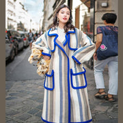 boutique striped long coat trendy plus size Notched trench coat Fine pockets Winter coat