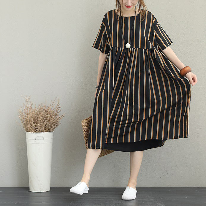 Boutique gestreiftes Seiden-Leinen-Kleid plus Größe Leinen-Baumwoll-Kleid Vintage O-Ausschnitt Kurzarm-Kleidung