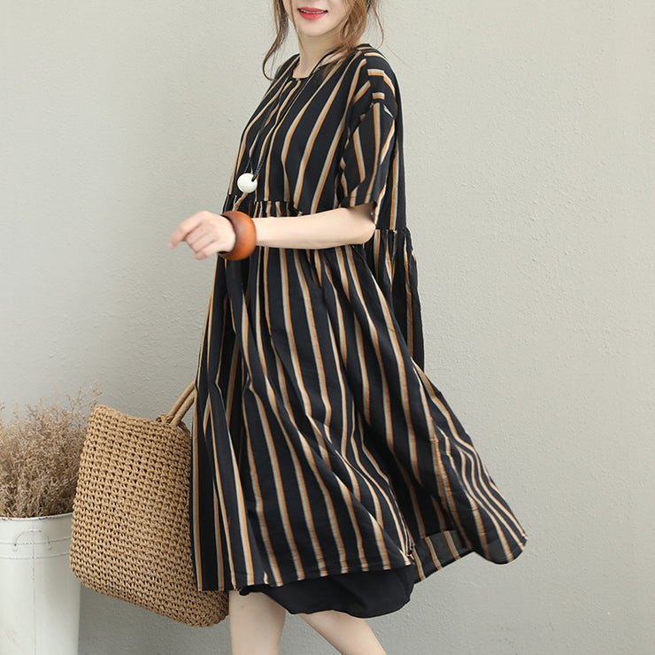 boutique striped silk linen dress plus size linen cotton dress vintage o neck short sleeve clothing