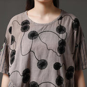 Boutique-Sommer-Baumwolloberteile plus Größen-Baumwollstickerei-Blumen-beige beiläufiges Frauen-Hemd