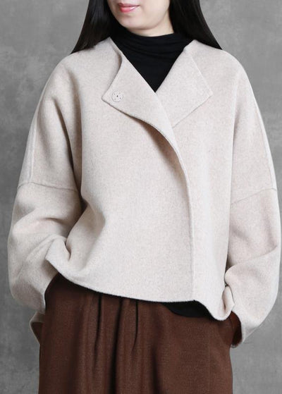 boutique trendy plus size medium length jacket beige o neck pockets wool coat - SooLinen