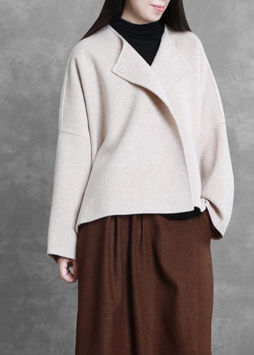 boutique trendy plus size medium length jacket beige o neck pockets wool coat - SooLinen