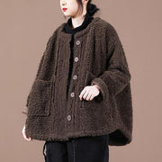 boutique trendy spring coats chocolate o neck patchwork fuzzy wool coat for woman - SooLinen