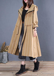 boutique women casual Coats fall khaki striped hooded zippered overcoat - SooLinen
