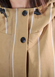 boutique women casual Coats fall khaki striped hooded zippered overcoat - SooLinen
