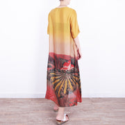 boutique yellow long silk chiffon dress oversized prints traveling clothing Fine o neck caftans