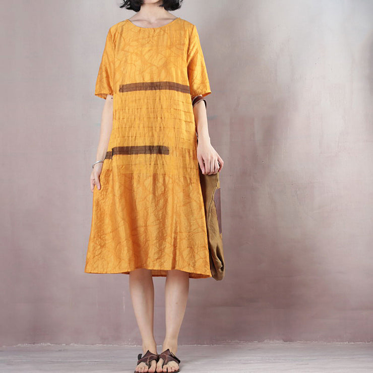 boutique yellow pure linen dresses oversized linen dress casual short sleeve Jacquard O neck linen dress