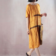 Boutique-gelbe Kleider aus reinem Leinen, übergroßes Leinenkleid, lässiges Kurzarm-Jacquard-Leinenkleid mit O-Ausschnitt